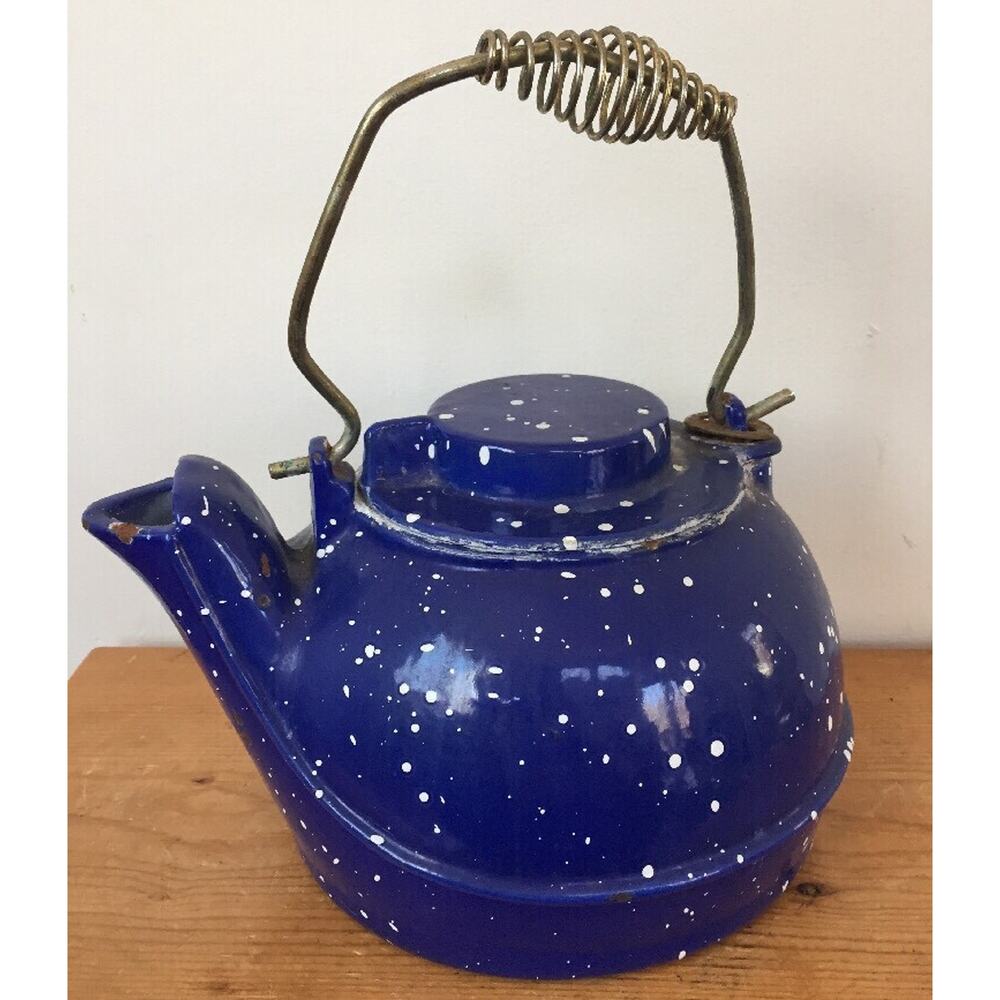 Vtg Cast Iron Blue Enamel Speckleware Wood Stove Top Heavy Duty Water Kettle